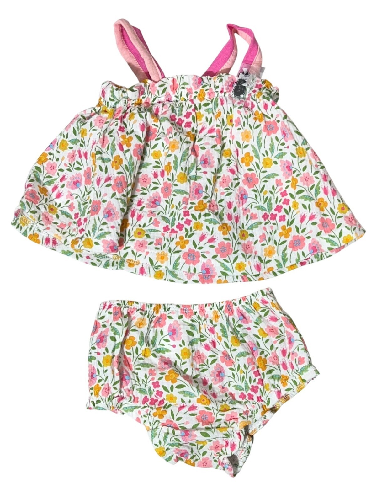Mud Pie 0-3m NWT Summer Floral Baby Pinafore bloomer Set cotton gauze pink green