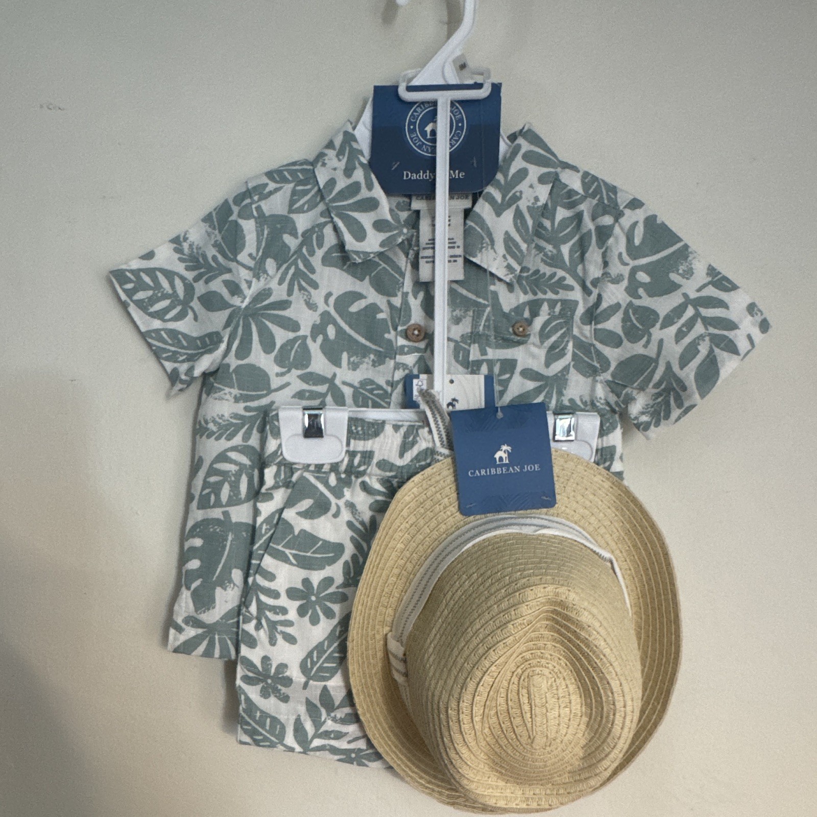 Caribbean Joe Boys 12M 3pc Tropical Floral Shirt Shorts Hat Set Cotton