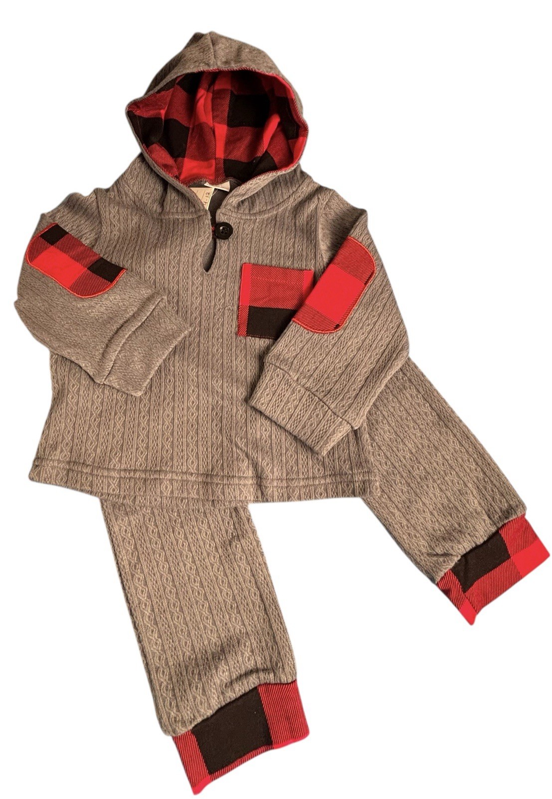 Baby Boy 9-12 Months 2-Piece Gray/Red/Black Plaid Hoodie & Pull On Pants Set NWT