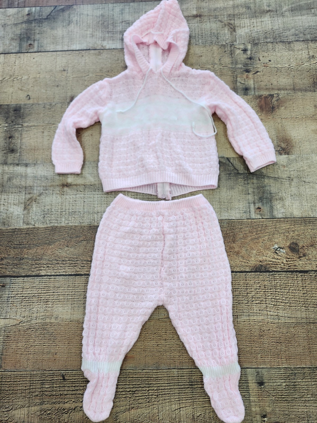 Vtg 80s Handmade Pink 2 Piece Knit Hoodie Suit Set Sz 0-12 Month EXCELLENT Cond