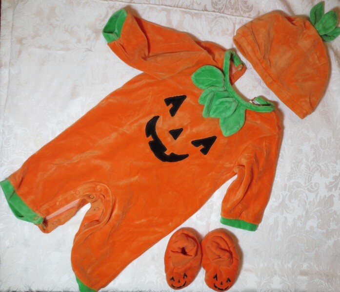 Thanksgiving Halloween Baby 3pc COSTUME 3 6 mo PUMPKIN Outfit 80% Cotton Plush