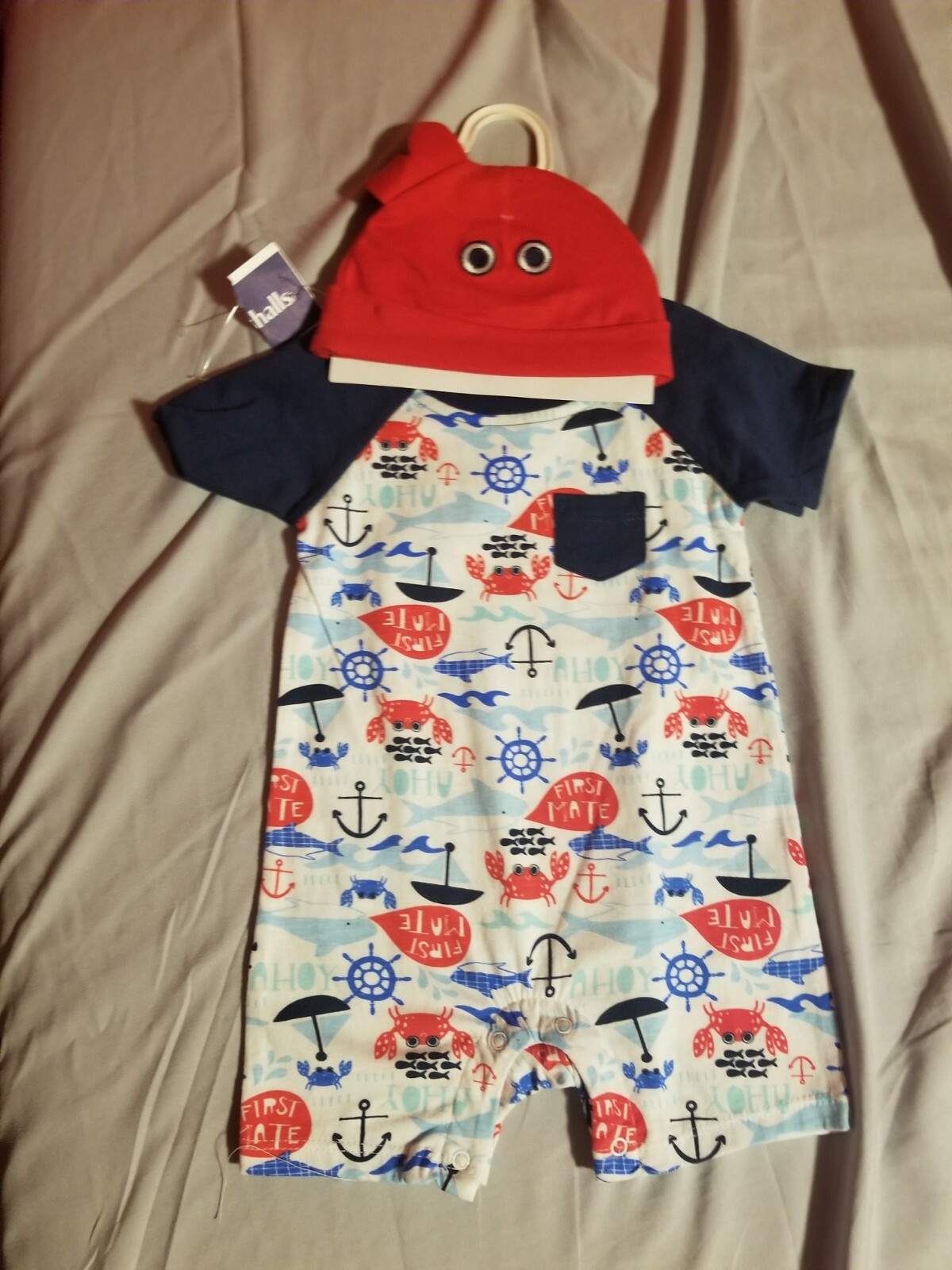 CHICK PEA TODDLER 2 PIECE OUTFIT FOR BOYS SIZE 6-9M HAT & BUCKLE BOTTOM SUIT NEW