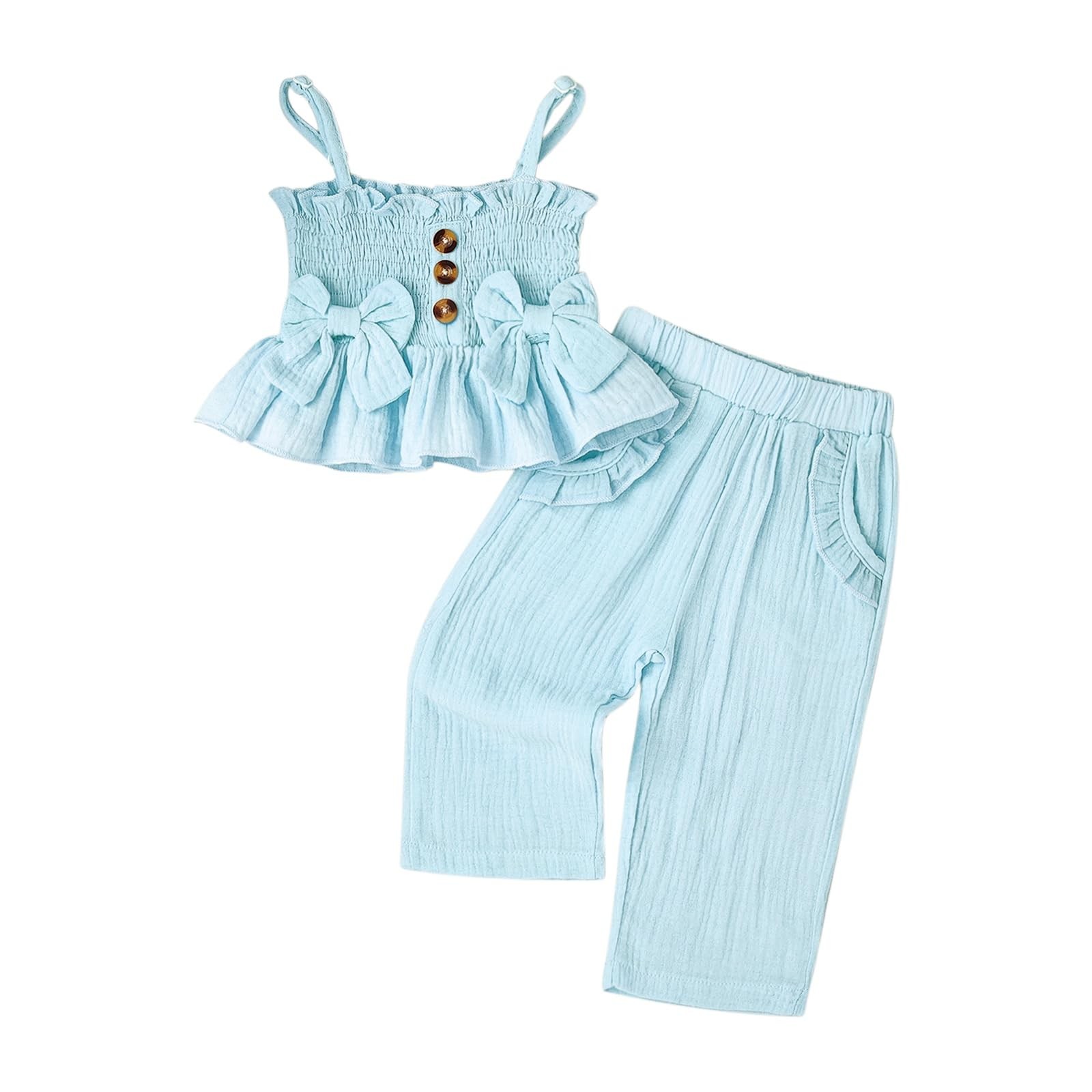 Baby Girl Clothes 9-12 Month Summer Outfits Cute Bow Button Ruffle Camisole P…