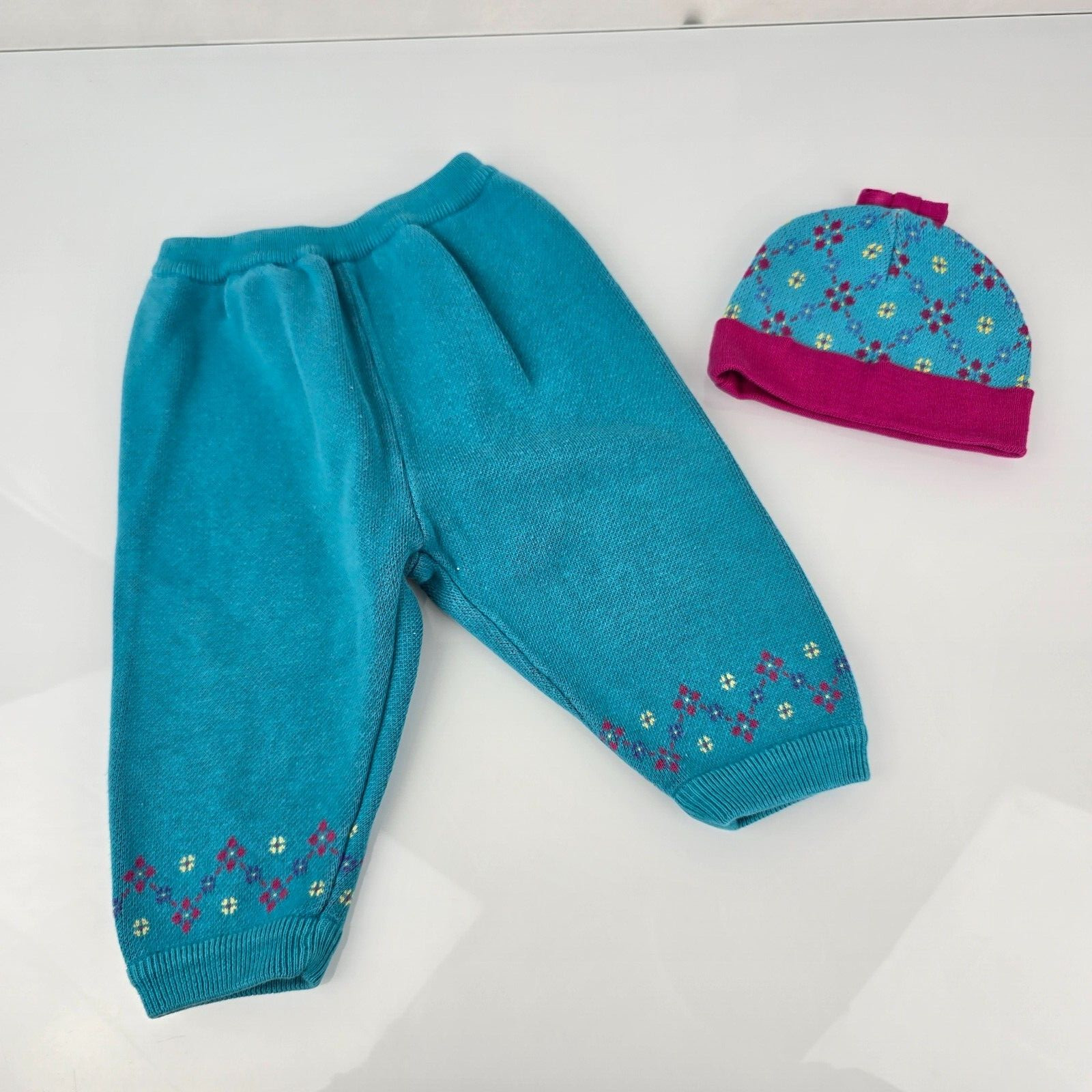 Vintage 90s Gymboree Rainbow Tag Knit Sweater Pants Hat Set Clothes Infant 6-12