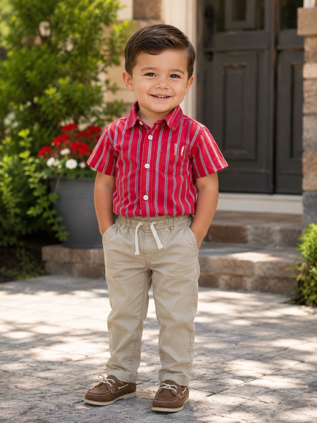 2T Toddler Boy Preppy Outfit – Cherokee Red Striped Shirt + Carter’s Khaki