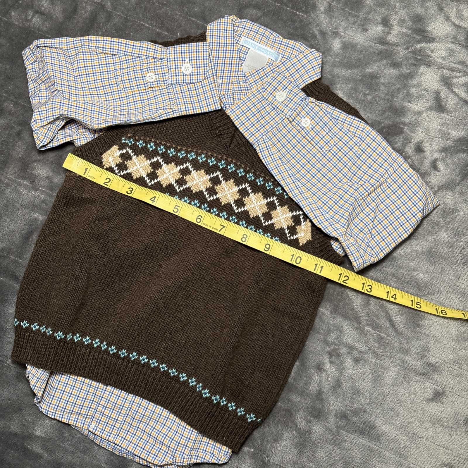 JANIE & JACK Kids Plaid Button Down Dress Shirt & Brown Sweater Vest Size 3