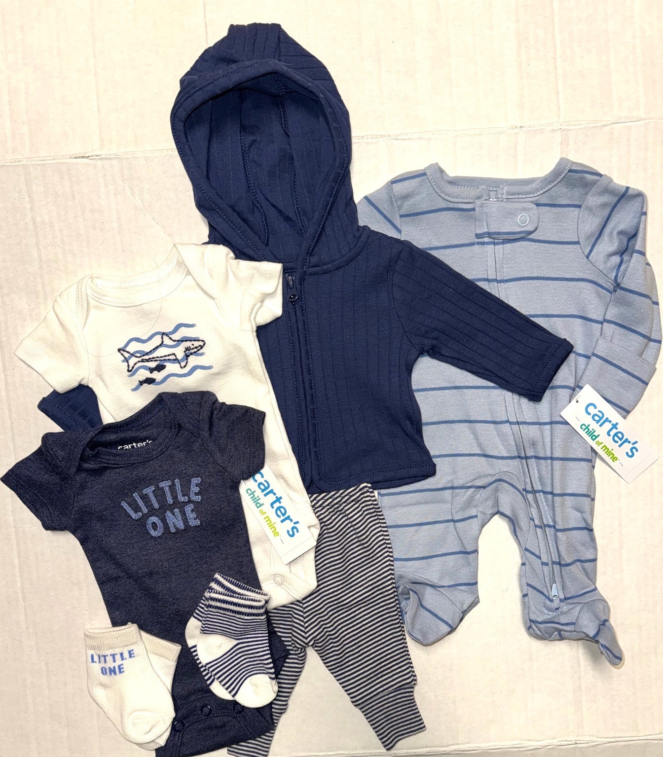 CARTERS Child of Mine 7 piece set blue/white SHARK size PREEMIE