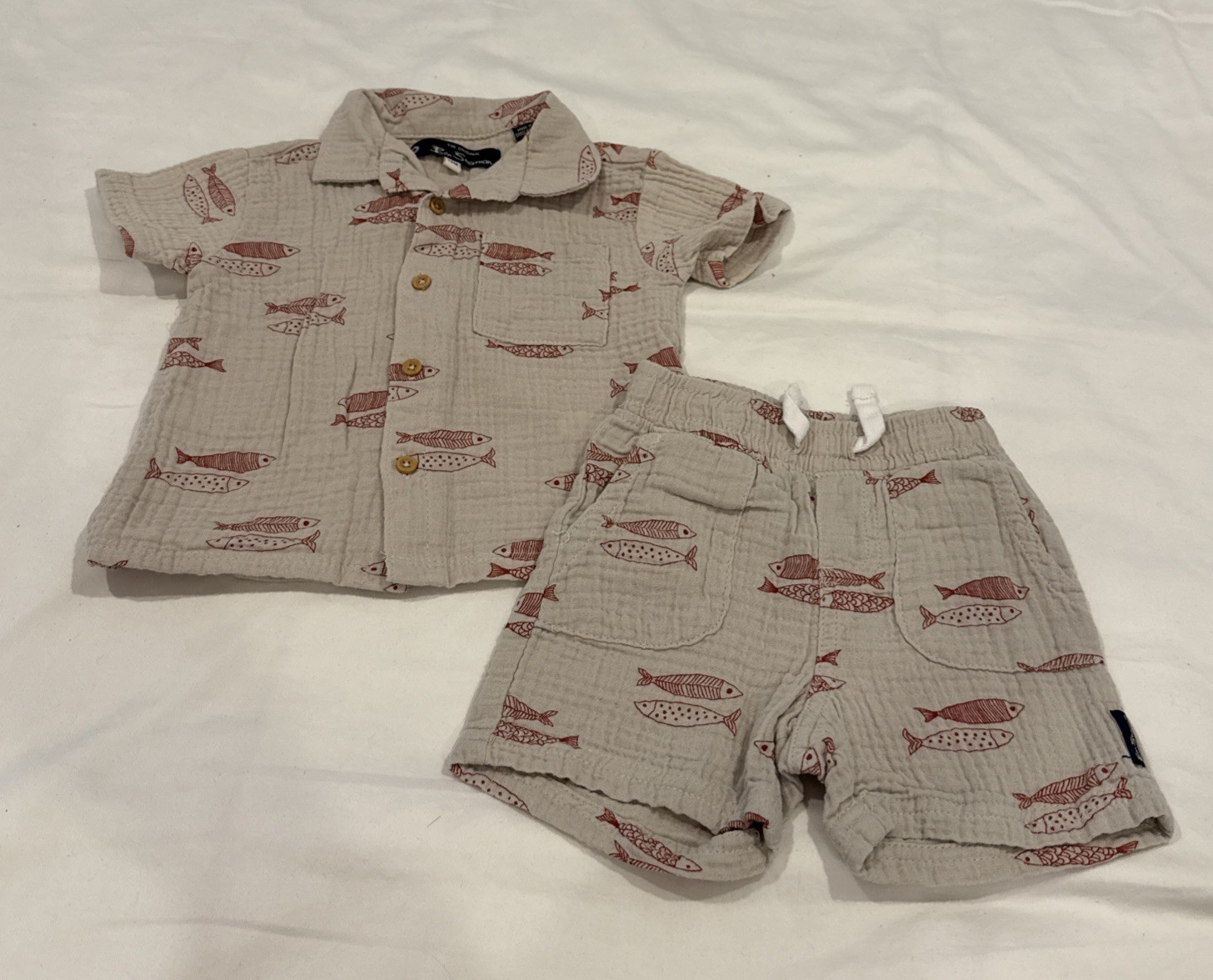 Baby Boy Size 12 Months Ben Sherman Two Piece Cotton Shirt & Shorts Fish Theme
