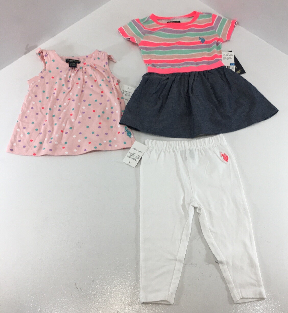 US Polo Assn Baby Girls 3 Piece Set Dress/Shirt/Pants Neon Coral Sz 24M NWT #