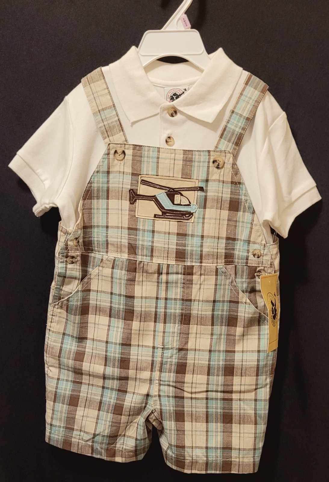 NWT BOYS SIZE 4T GOOD LAD SHORTALL & SHIRT WITH HELICOTER ON THE FRONT