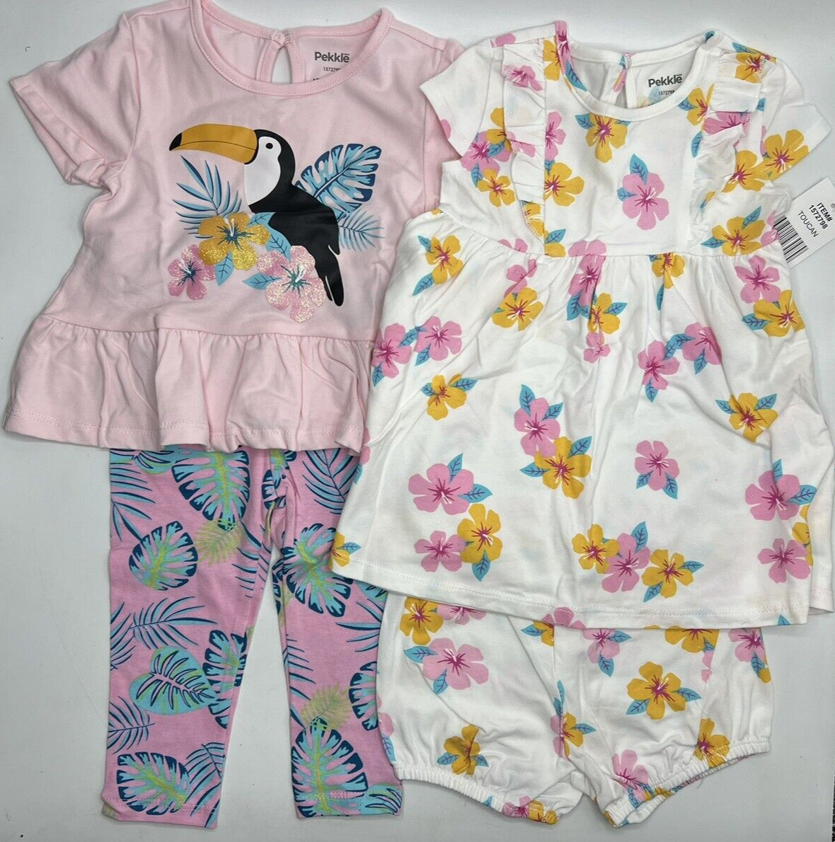 Girls Size 24M Adorable Pekkle 4-Piece Set Summer Outfits Toucan Floral Pink