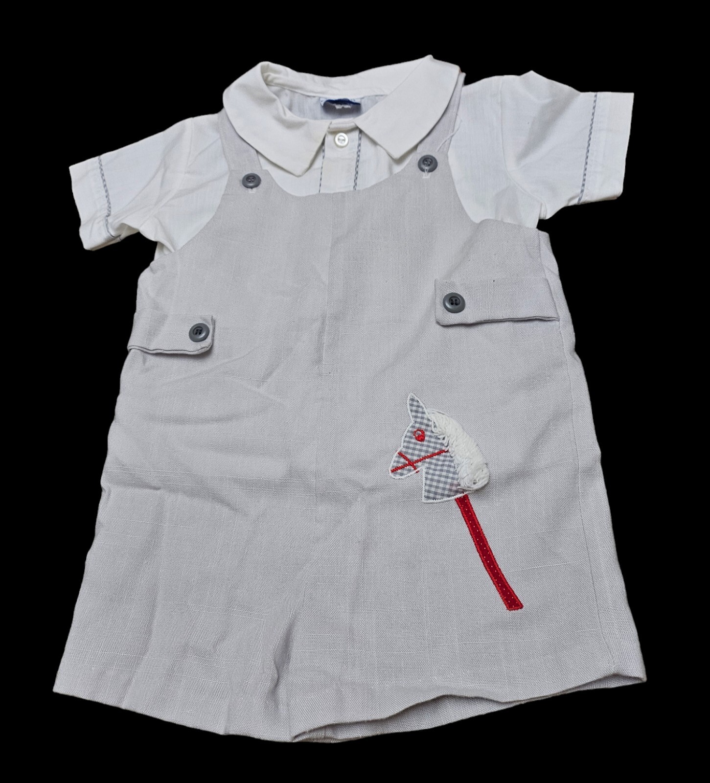 RARE 2 Piece Boy Clothes Vintage Size 1-2t Gray Romper Overalls