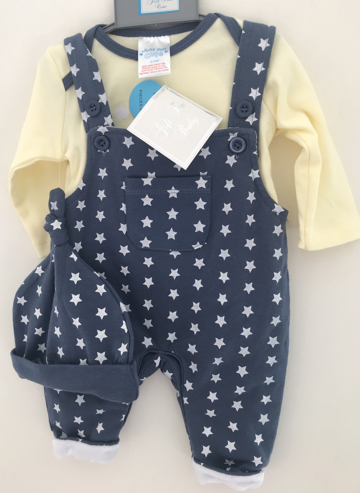 Just Too Cute ~ 3 Piece Outfit~ Blue Dungarees , Yellow T-shirt & Matching Hat
