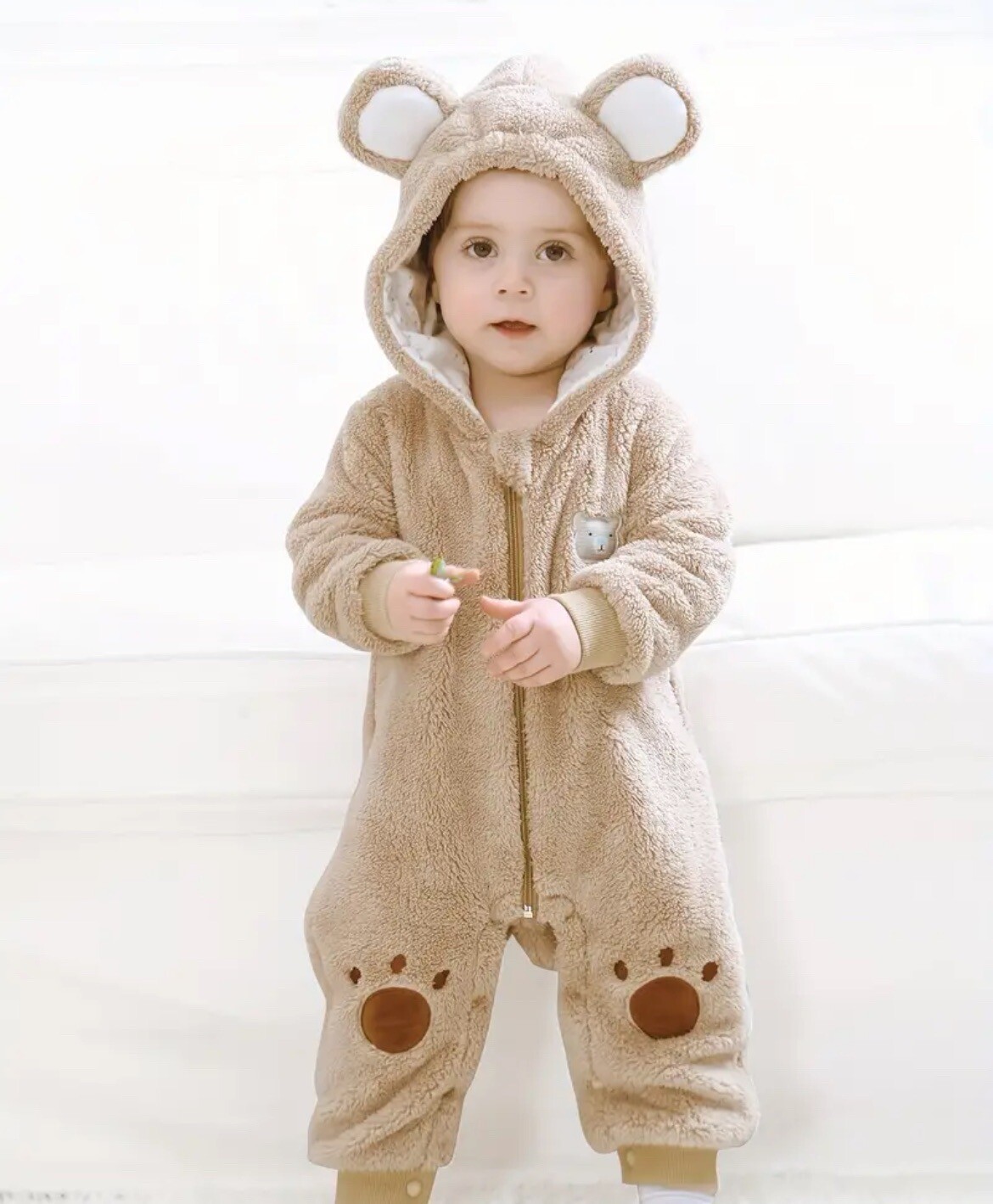 Baby Teddy Bear Fleece Romper Hooded Zip One-Piece Cozy Outfit 6/9M