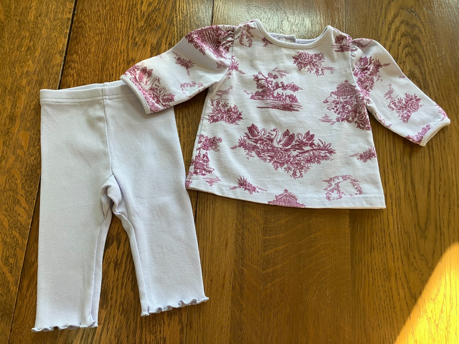 Vtg Gymboree 02 Sweet Romance purple lavender toile print ls top leggings 3-6