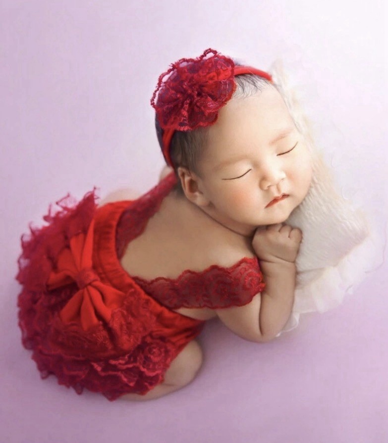 2 PC Red Lace Bodysuit With Headband For Photos, Props 0-1 Mo