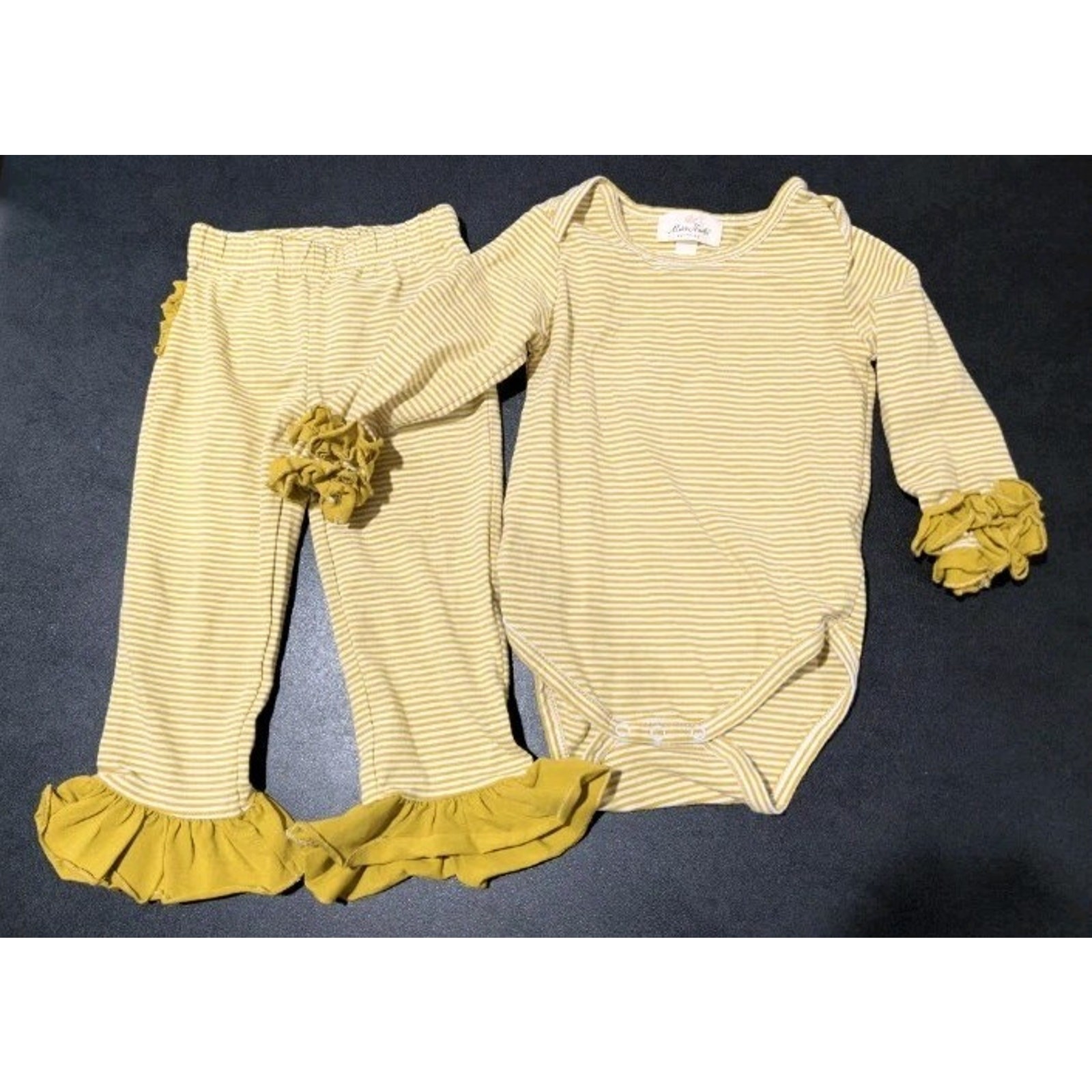 Marie Nicole Girl’s Outfit Set Ruffled Yellow Striped Pants Shirt Size 18-24 Mo
