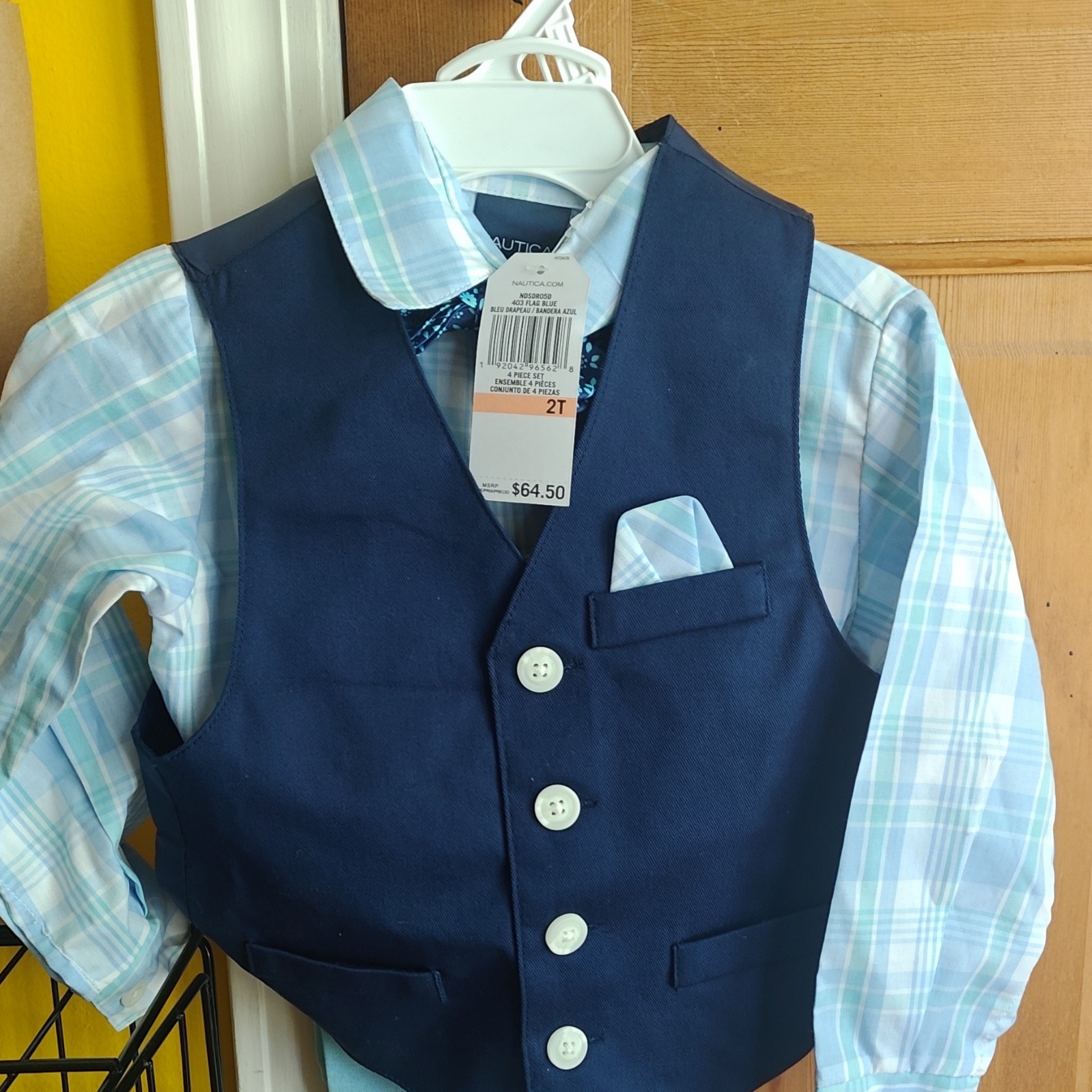 Nautica Boys 2T 4pc Formal Vest Set Plaid Shirt Tie Pocket Square Blue
