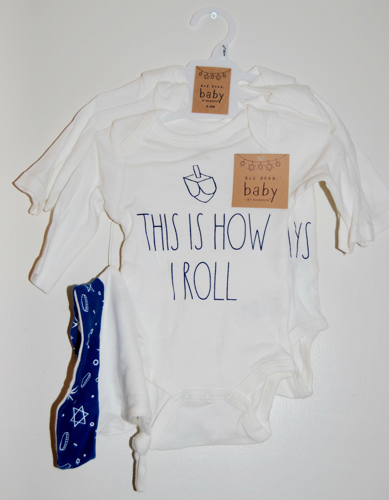 NWT Rae Dunn Baby Infant Unisex 4pc Ivory Hannukah Themed Romper Set sz 0-3M