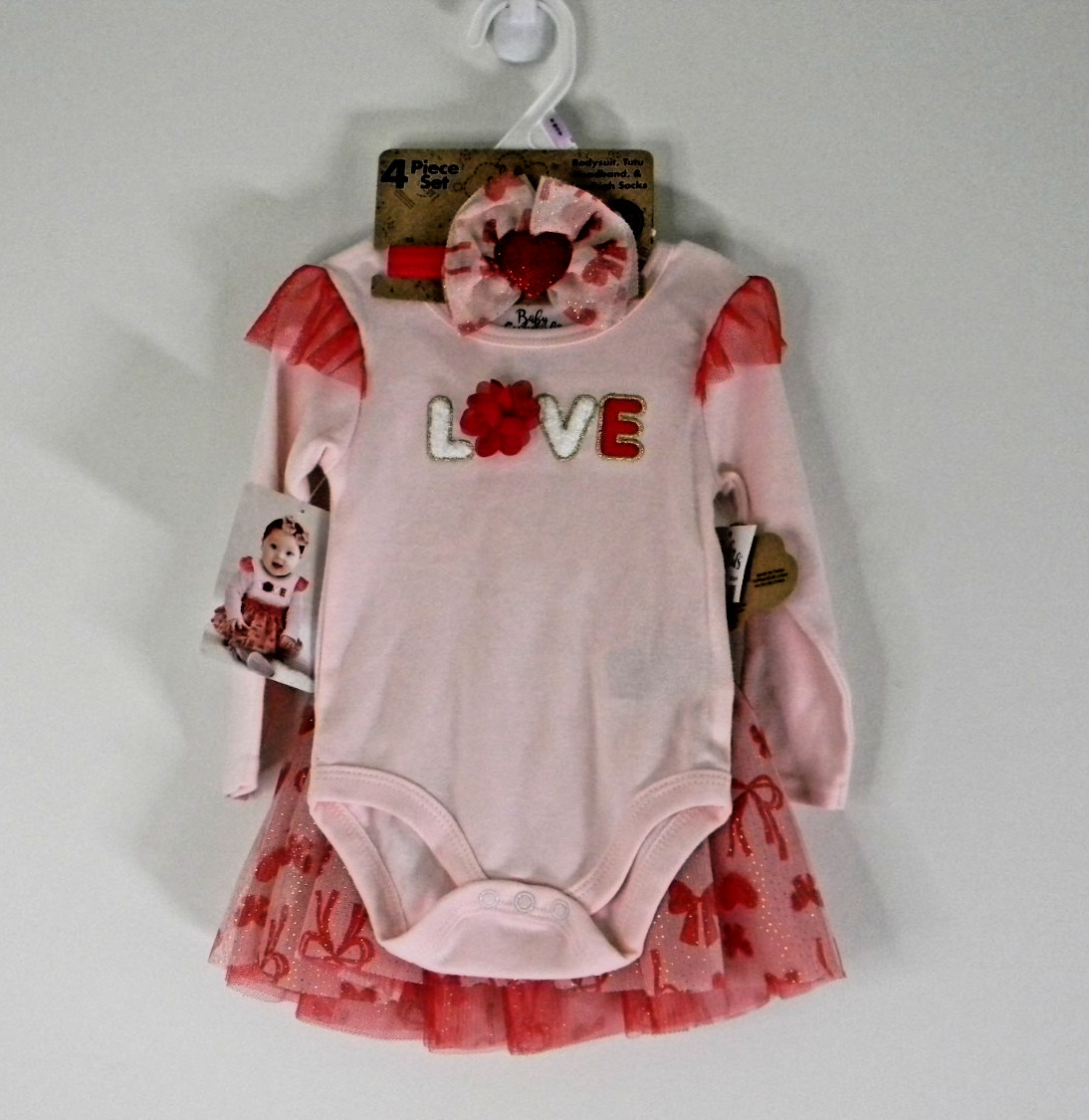 Baby Essentials 4 piece Set Bodysuit Tutu Headband Socks Valentine Love NWT