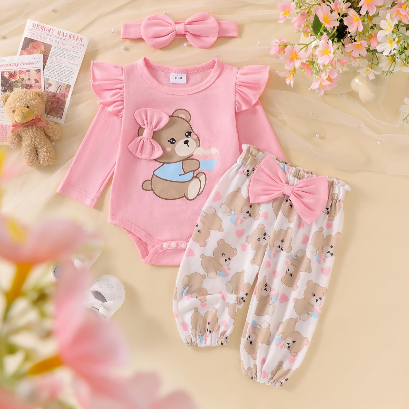 Ursobutegl Newborn Infant Baby Girl Outfits Ruffle Bear Long 0-3 Months, Pink