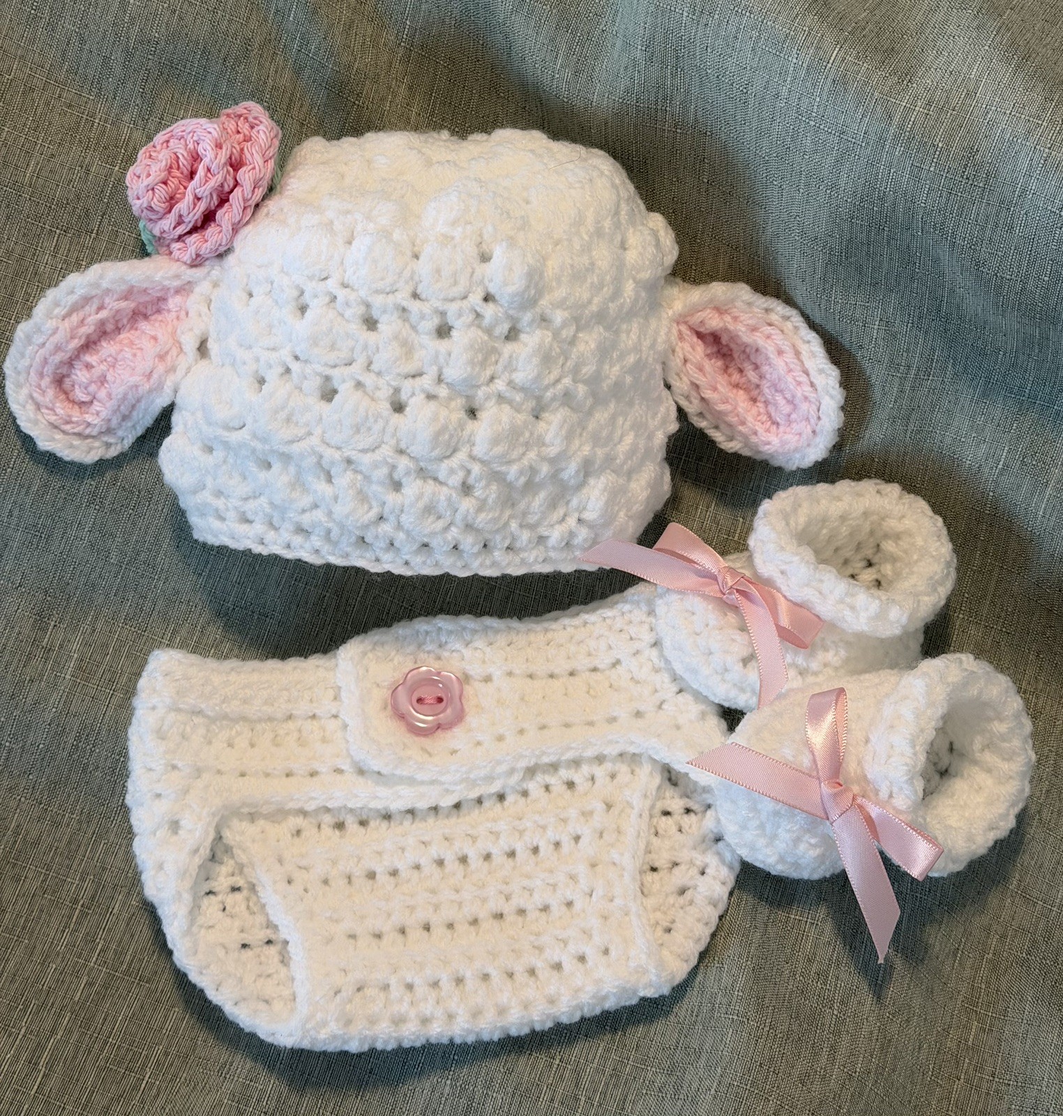 Handmade Crochet stuffed lamb with newborn lamb diaper cover outfit set