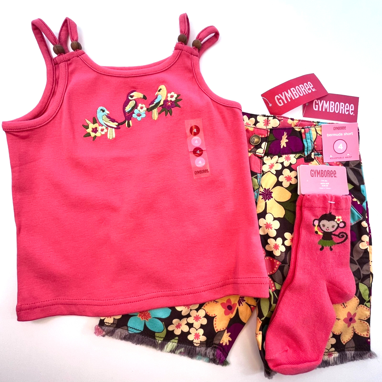 Vintage NWT Gymboree 2009 JUNGLE GEM 3pc Set Parrot tank top, Shorts, Socks 4 4T