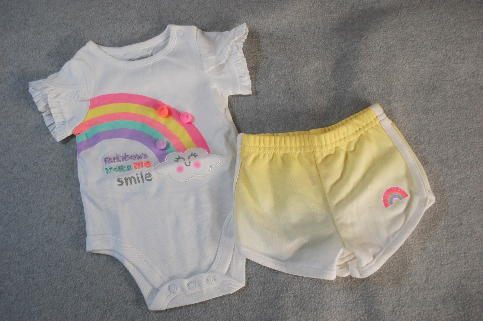 Baby Girls Outfit RAINBOWS MAKE ME SMILE Bodysuit Top YELLOW SHORTS Ombre 0-3 MO