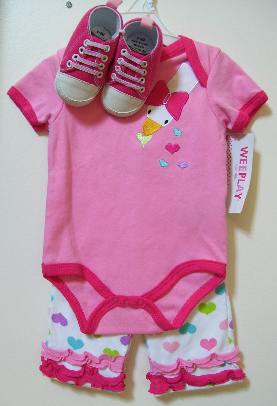 WEEPLAY 3 Pc Pink Heart Bodysuit Pants & Shoes Outfit Easter Valentine 6-9M
