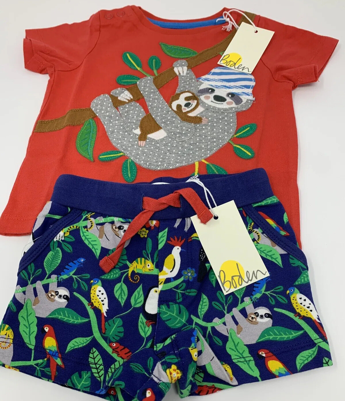 NWT Baby Boden Boys 3-6 Months Red Sloth Appliqué Shirt and Blue Jungle Shorts