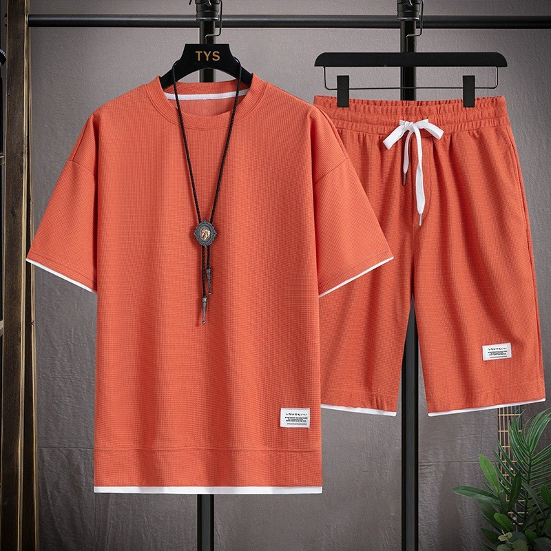 Waffle-pattern T-shirt, popular trendy men’s summer fashion, loose fit
