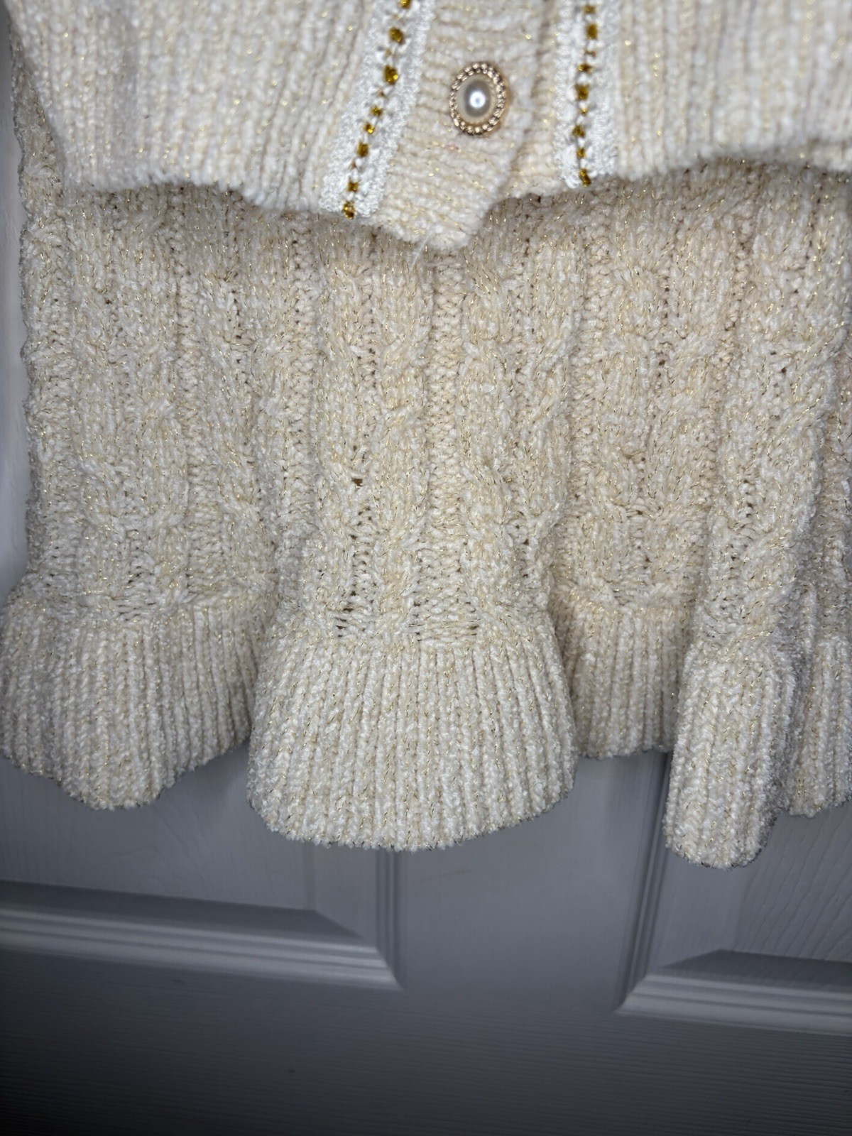 Badgley Mischka Cream Cable Knit Pearl Button Gold Metallic Sweater Set Girl 3T