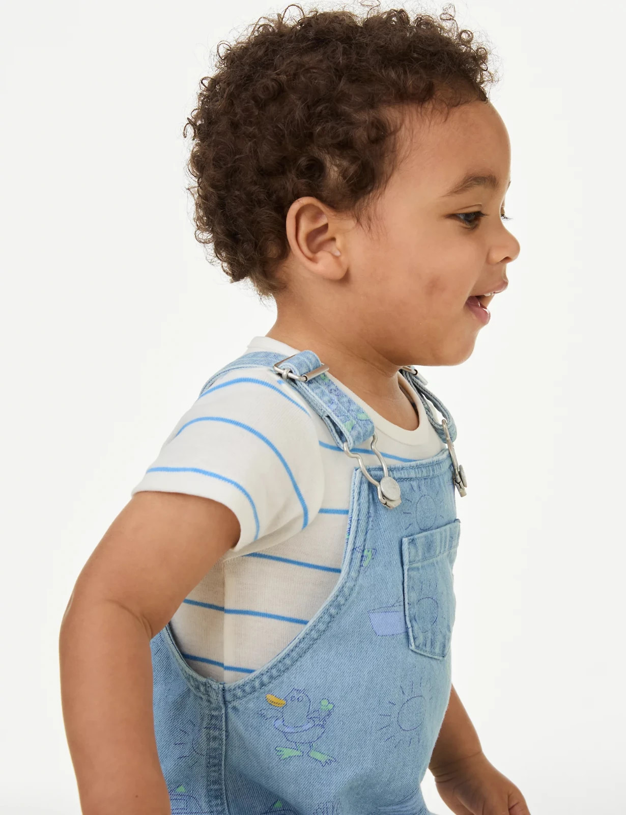 New M&S White Blue Striped T-shirt Denim Printed Dungarees Outfit Set 18-24M