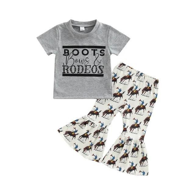 Summer Kids Girl Short Sleeve Tops + Flared Pants Printed Elastic Waist Set