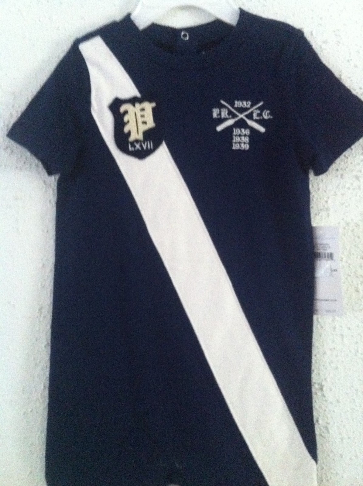 Ralph Lauren 1 Piece Shortall Romper Navy w/Dia White Stripe Patch Size 9M NWT