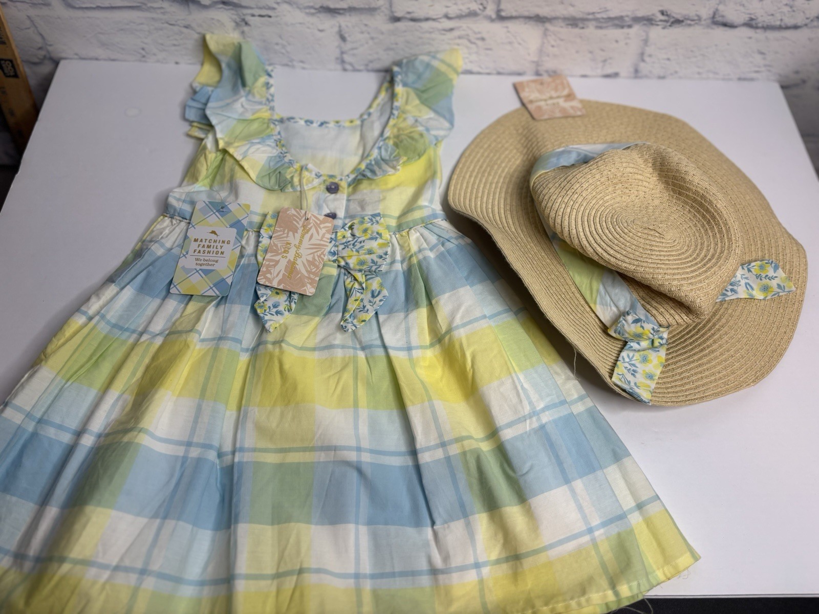 Tommy Bahama Kids NWT Blue/Yellow Plaid 100% Cotton Dress And Hat New 3T