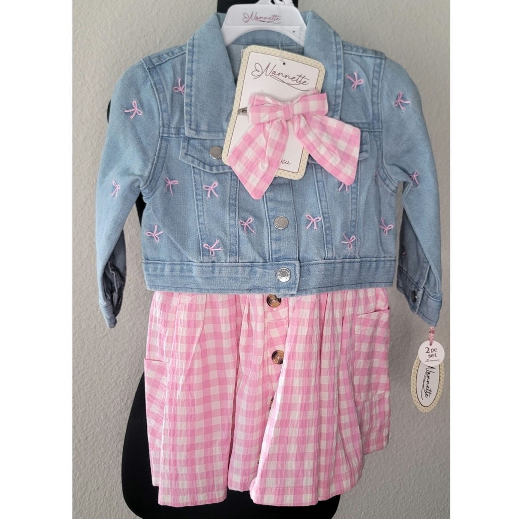 Three-piece Set Light-wash Denim Jacket Embroidered Pink Bows Gingham Dress Bow