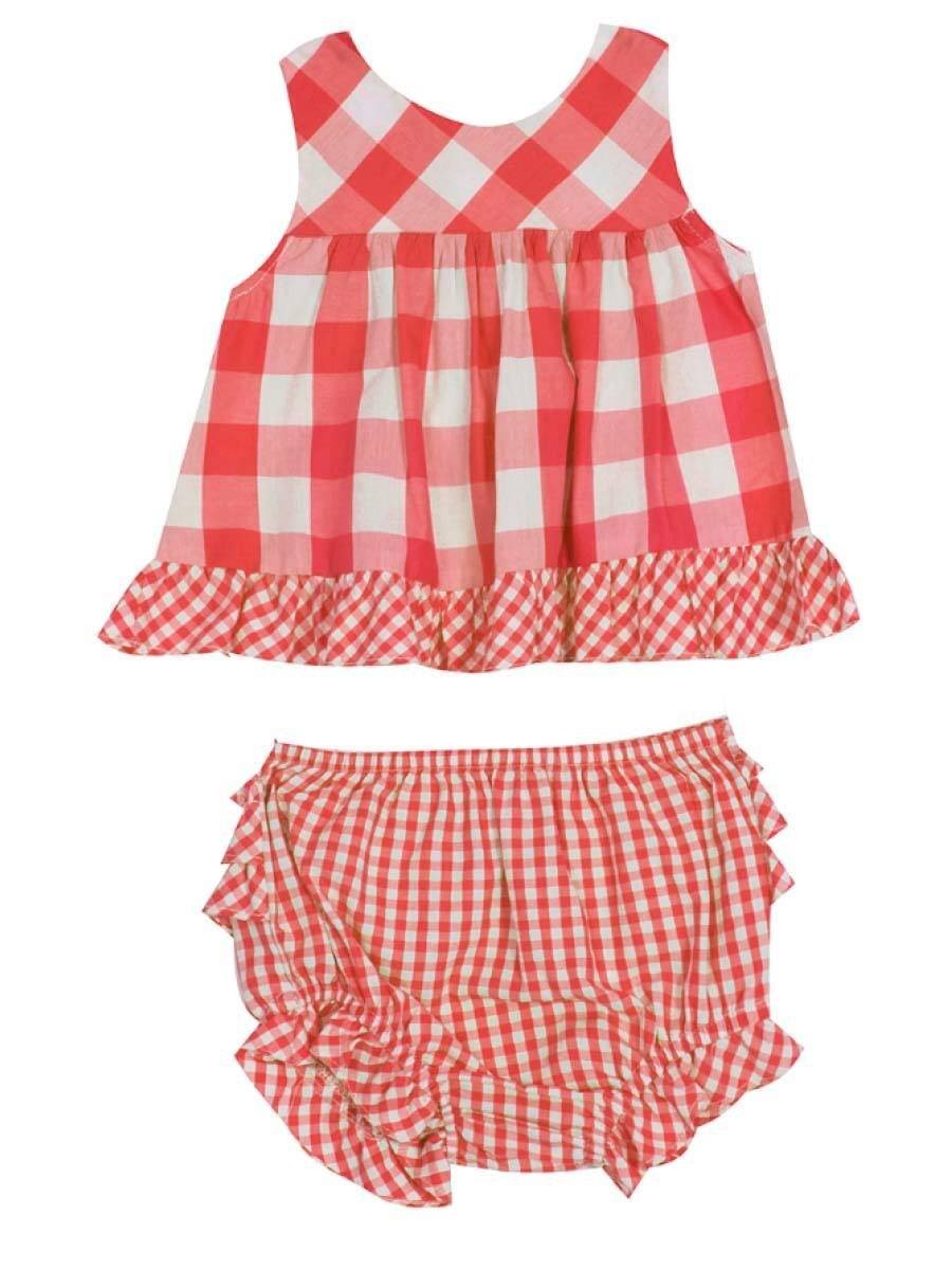Rare Editions Red White Check to Gingham Top w/Ruffled Bloomers 3-6 6-9 Months
