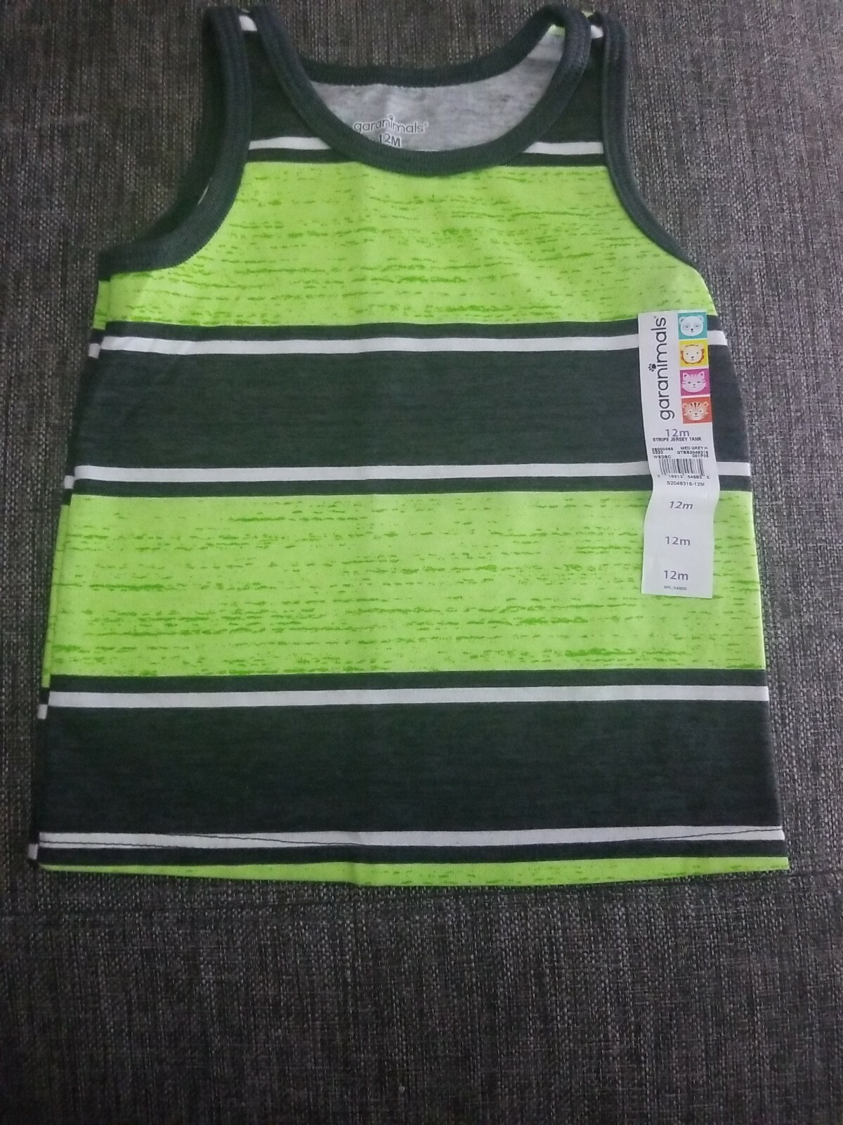 GARANIMALS TODDLER STRIPE JERSEY TANK GREY AND GREEN SIZE 12M BRAND NEW WITH TAG