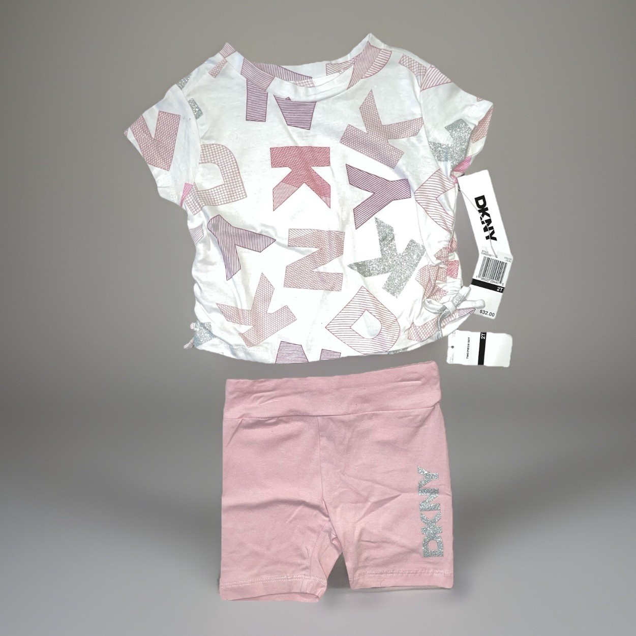 DKNY Baby Pink top Fringe Embellished Logo & Biker Shorts Set Girls 2T 3T New
