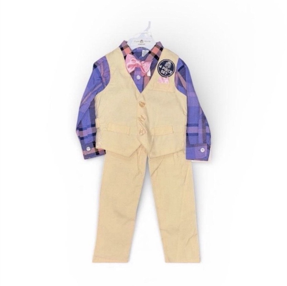 Yellow Purple Plaid Outfit Set Vest Pants Dress Shirt Boys 2T Formal Long Sleeve