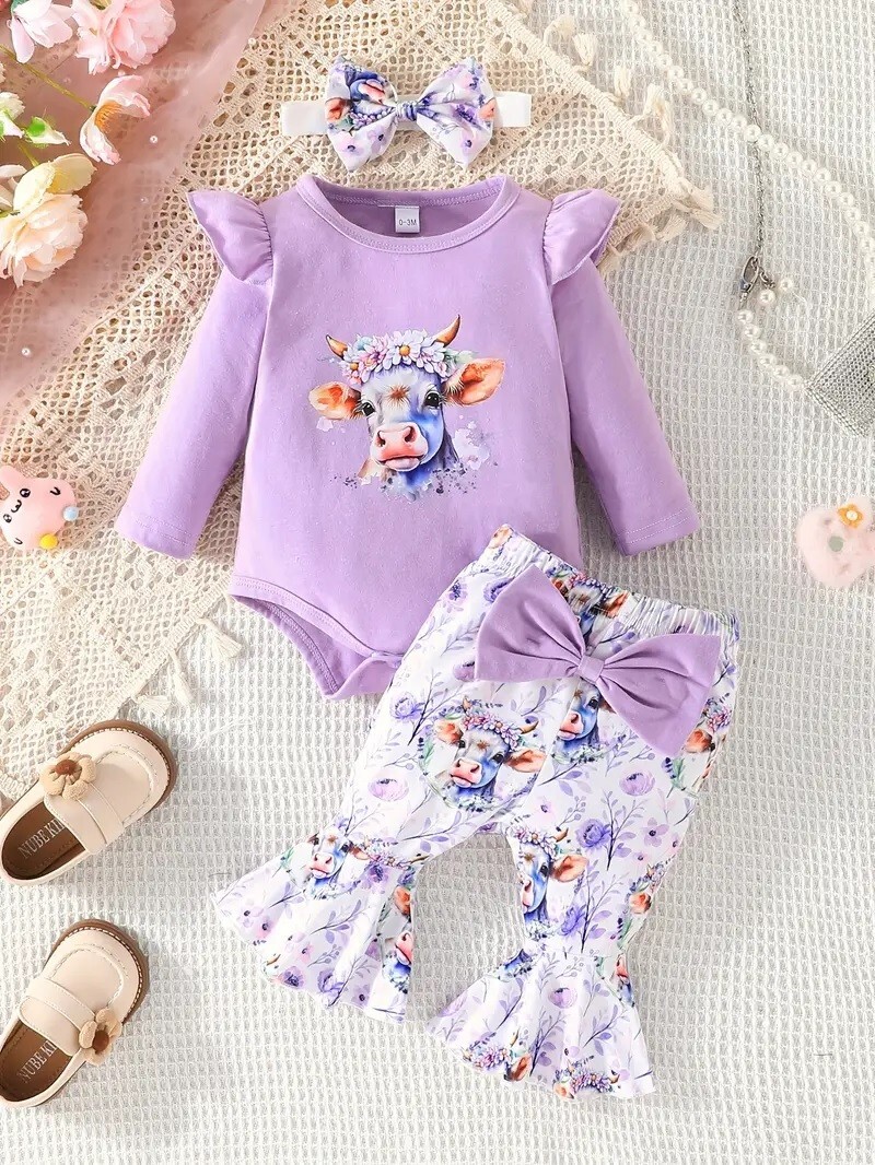 NEW Baby Girls Pants Outfit Highland Cow Boutique Romper Flared Pants 3 Pc Gift