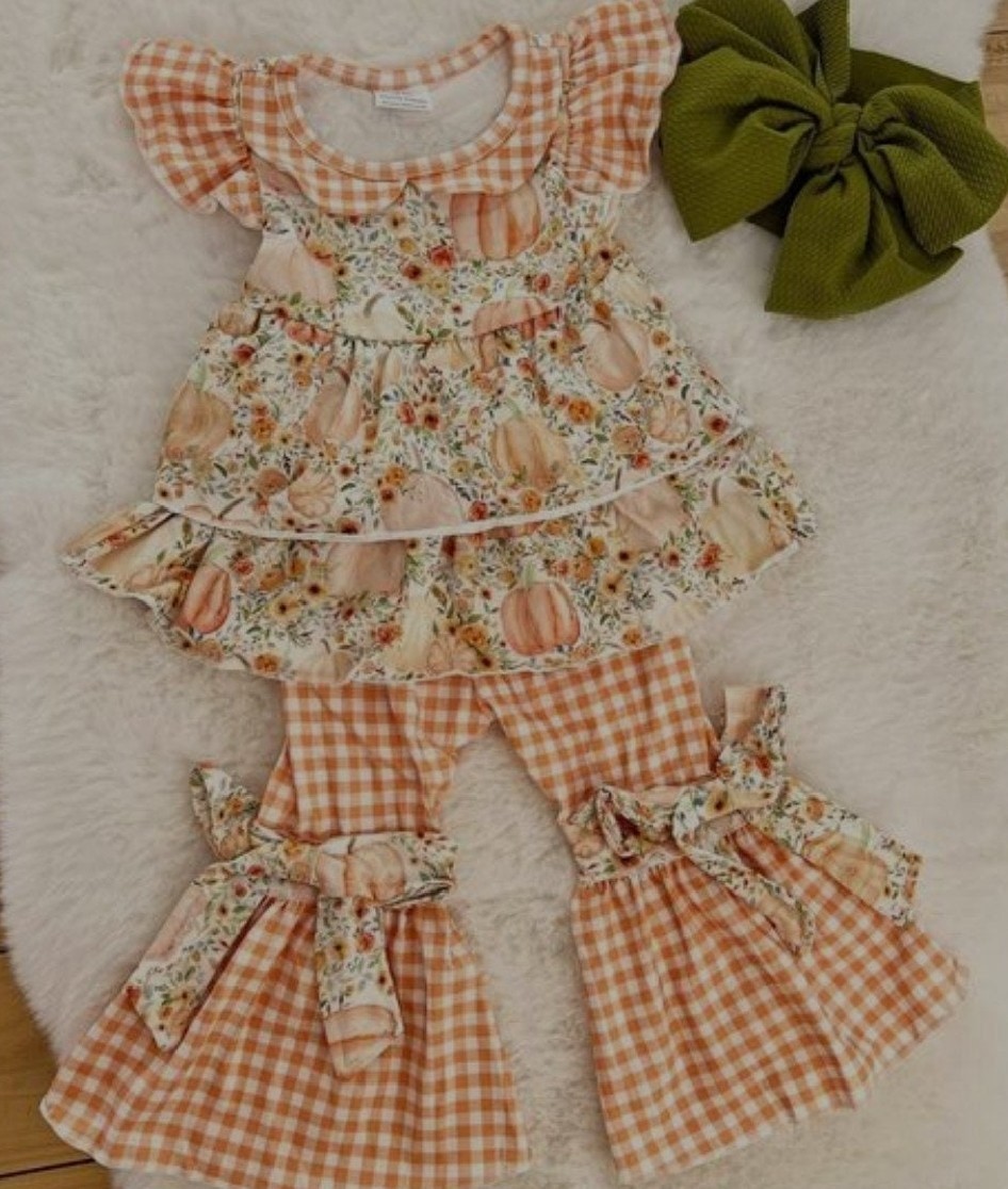 Girl Autumn Fall Thanksgiving Pumpkin Boutique Ruffle Bell Bottom Set 12 -18M