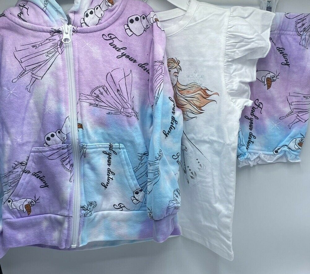 Girls Size 3T Disney Frozen 3-Piece Short Outfit Set Zip-Up Hoodie Olaf Elsa