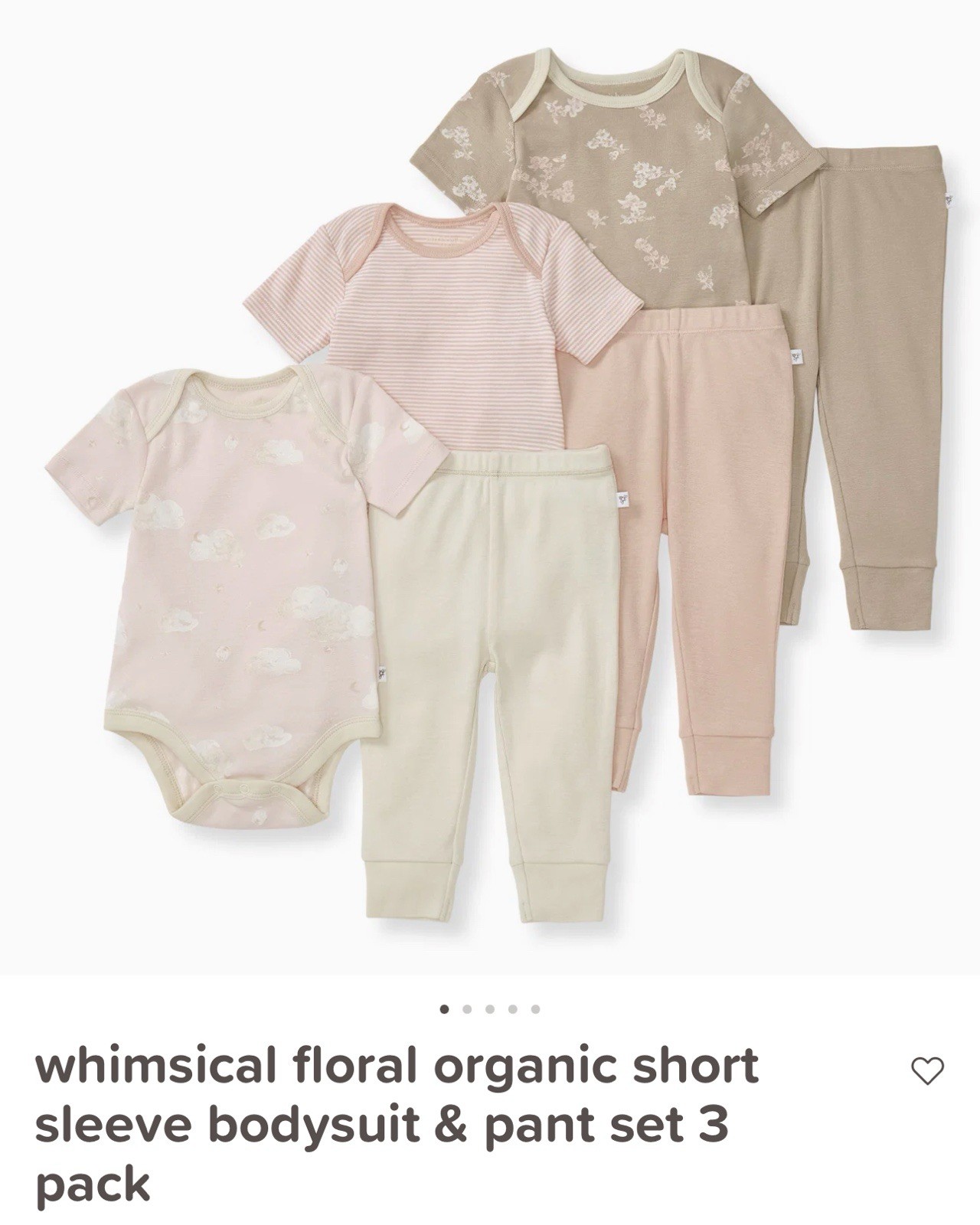 Burt’s Bees Baby floral organic 3 short sleeve bodysuits & 3 pants set 3-6 Month