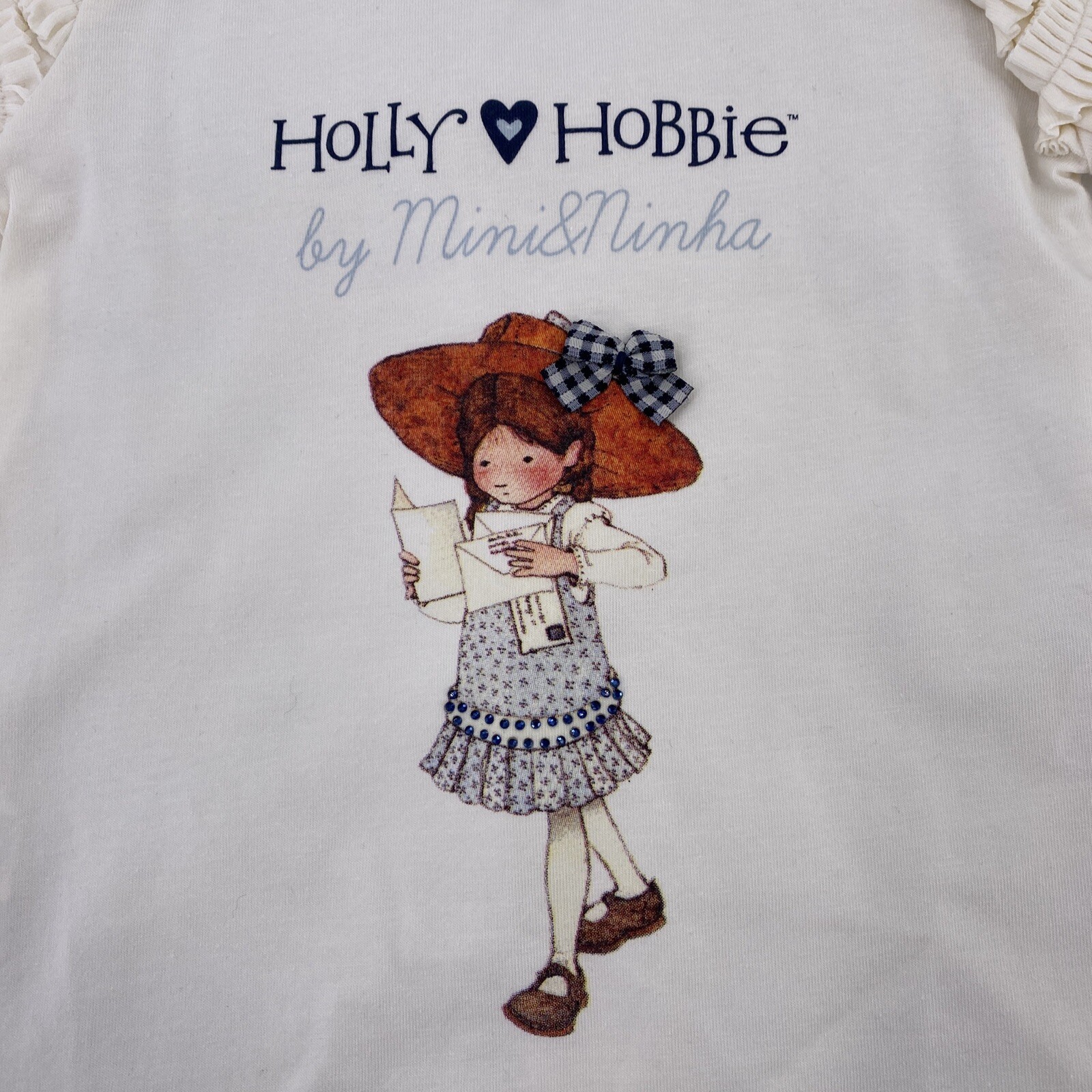 Vtg Holly Hobbie Baby Outfit Girls 12-18 Mo Top Leggings Cream Blue Ruffles