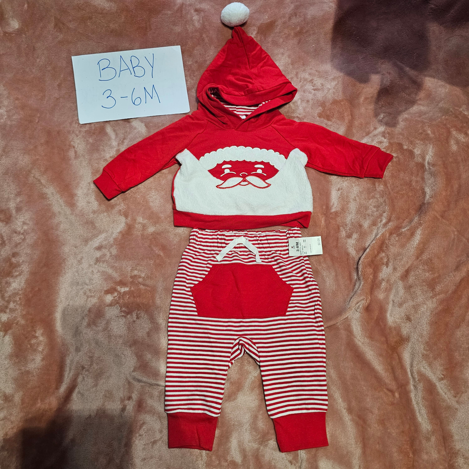 New Baby Boys 3-6M Santa Claus Face Hooded Sweatshirt & Pants 2 Piece Set NWOT