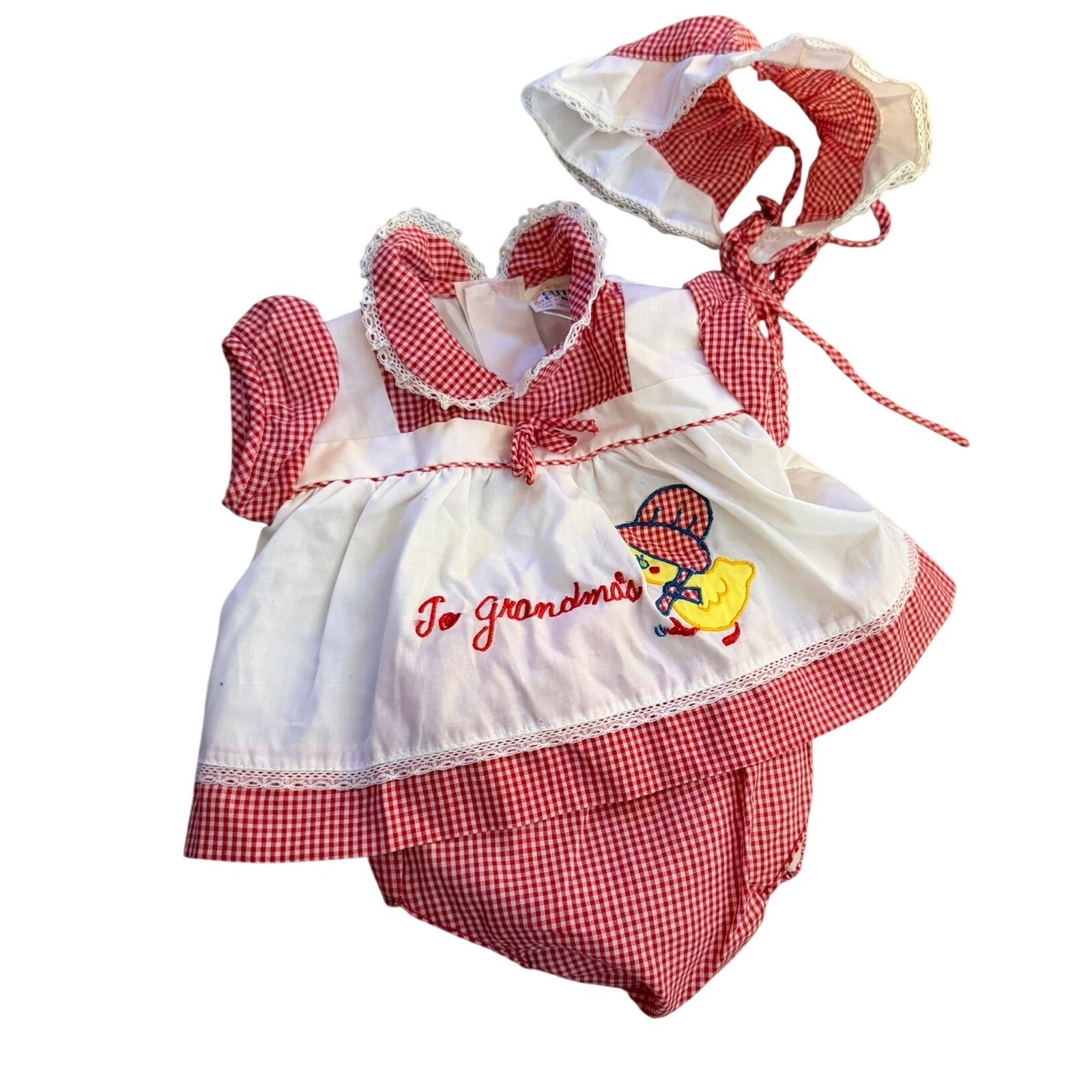 Vintage Baby Girls Red Gingham ‘To Grandma’s’ Duck Dress Bonnet Bloomers Set
