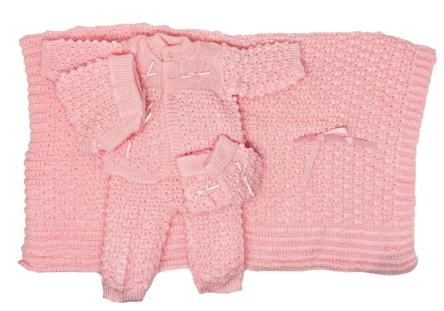Crochet Baby Blanket and Hat Newborn Outfit Set Mittens Pants Sweater Girl Boy