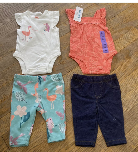 Carters Girls 4-Piece Oufit, Hello Friend BIRDS (CORAL/AQUA/WHITE MULTI 12M)NWT